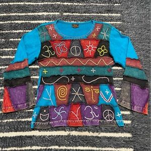 Y2K Boho Hippie Art to Wear patchwork embroidered top bell sleeves Size M